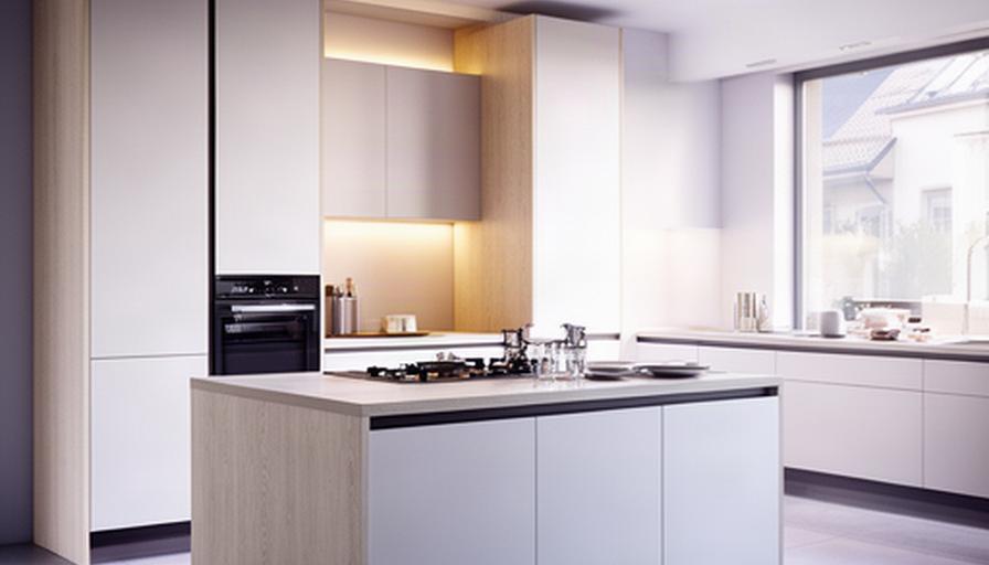 Cucina laccata moderna con colonne alte, maniglie discrete e isola centrale