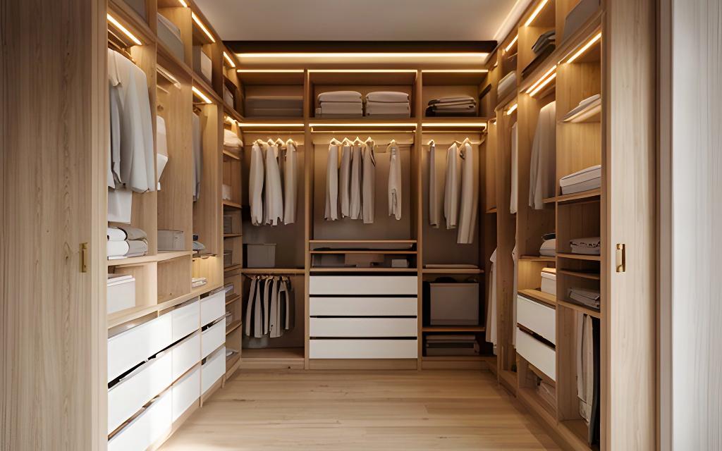 Cabina armadio aperta con ripiani in legno e illuminazione integrata