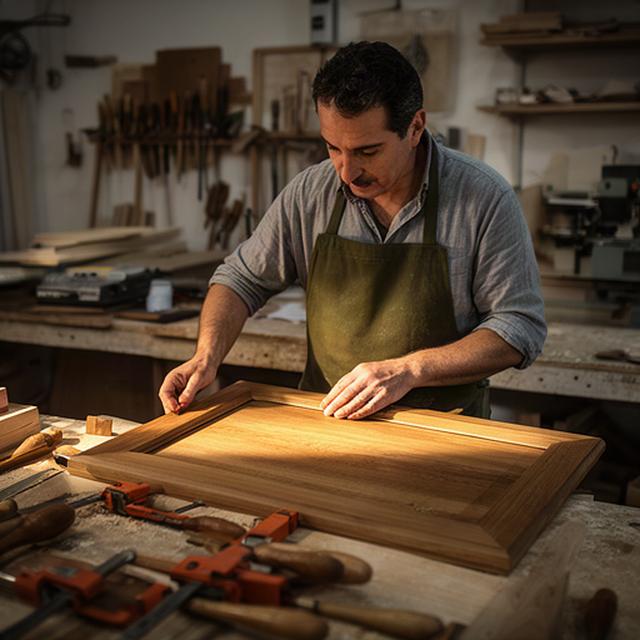 Artigiano al lavoro su un pannello di legno nella falegnameria di Ruvo di Puglia