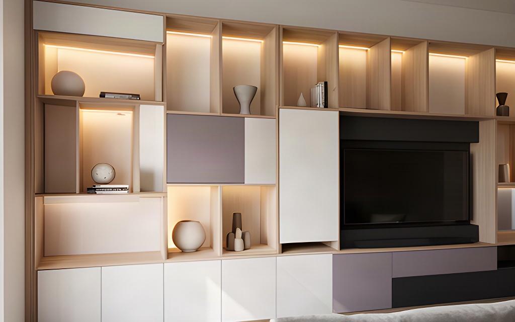Libreria modulare con nicchie illuminate e mobile TV in un soggiorno contemporaneo