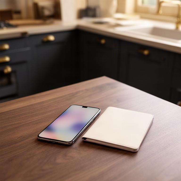 Telefono e taccuino su un banco di lavoro dello showroom di cucine