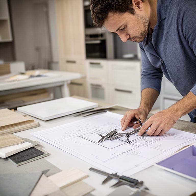 Progettista che controlla il disegno tecnico di una cucina su misura
