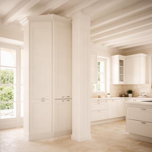 Cucina bianca luminosa in una villa pugliese, con colonne alte e maniglie discrete