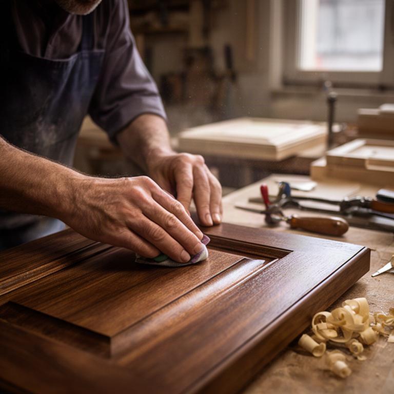 Falegname che rifinisce a mano un’anta in legno nel laboratorio aziendale