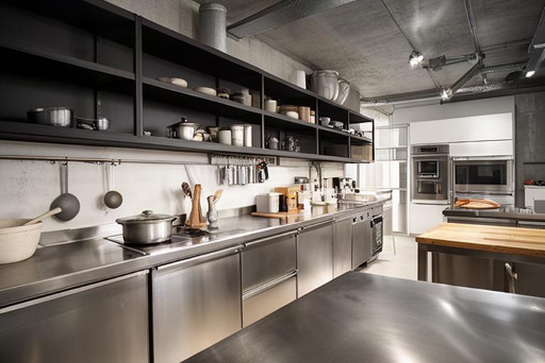 Cucina industriale con acciaio inox, mensole scure e piano da lavoro resistente