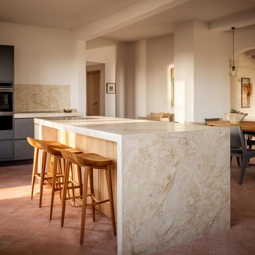 Isola da cucina in pietra naturale con sgabelli, affacciata su una sala da pranzo