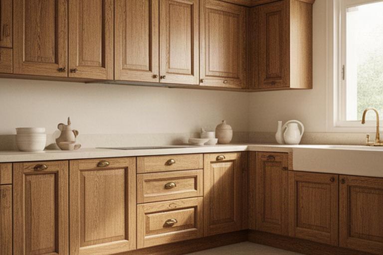 Cucina classica in rovere massello con cassetti incorniciati e luce naturale