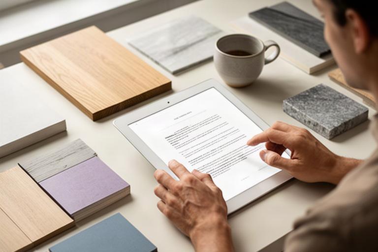 Persona che consulta le condizioni del sito su un tavolo da lavoro accanto a campioni di materiali