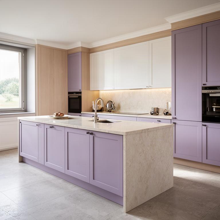 Cucina italiana moderna con isola centrale in pietra chiara e ante color lavanda