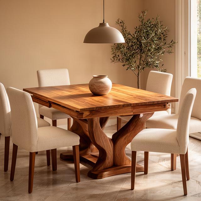 Tavolo da pranzo allungabile in legno con sedie imbottite in una sala da pranzo
