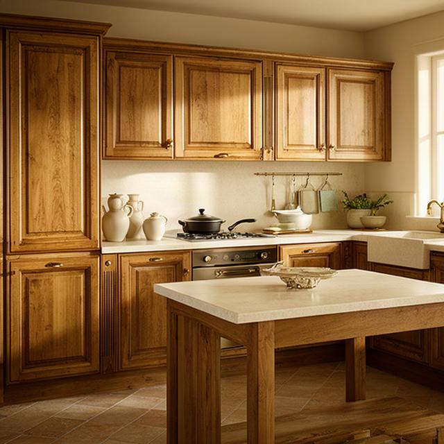 Cucina classica in legno massello con ante incorniciate e piano chiaro