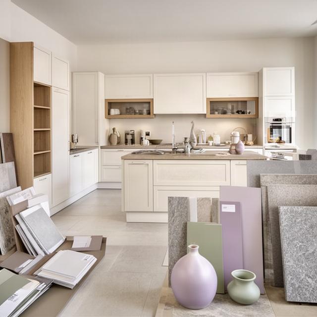 Interno dello showroom pugliese con composizione cucina e campioni di finiture