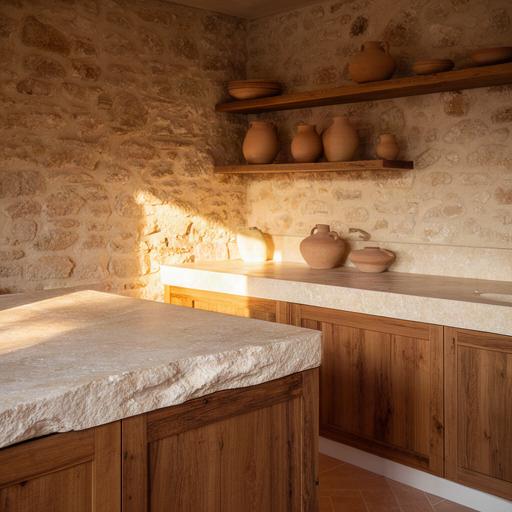 Cucina country con basi in legno, piano in pietra naturale e parete in muratura