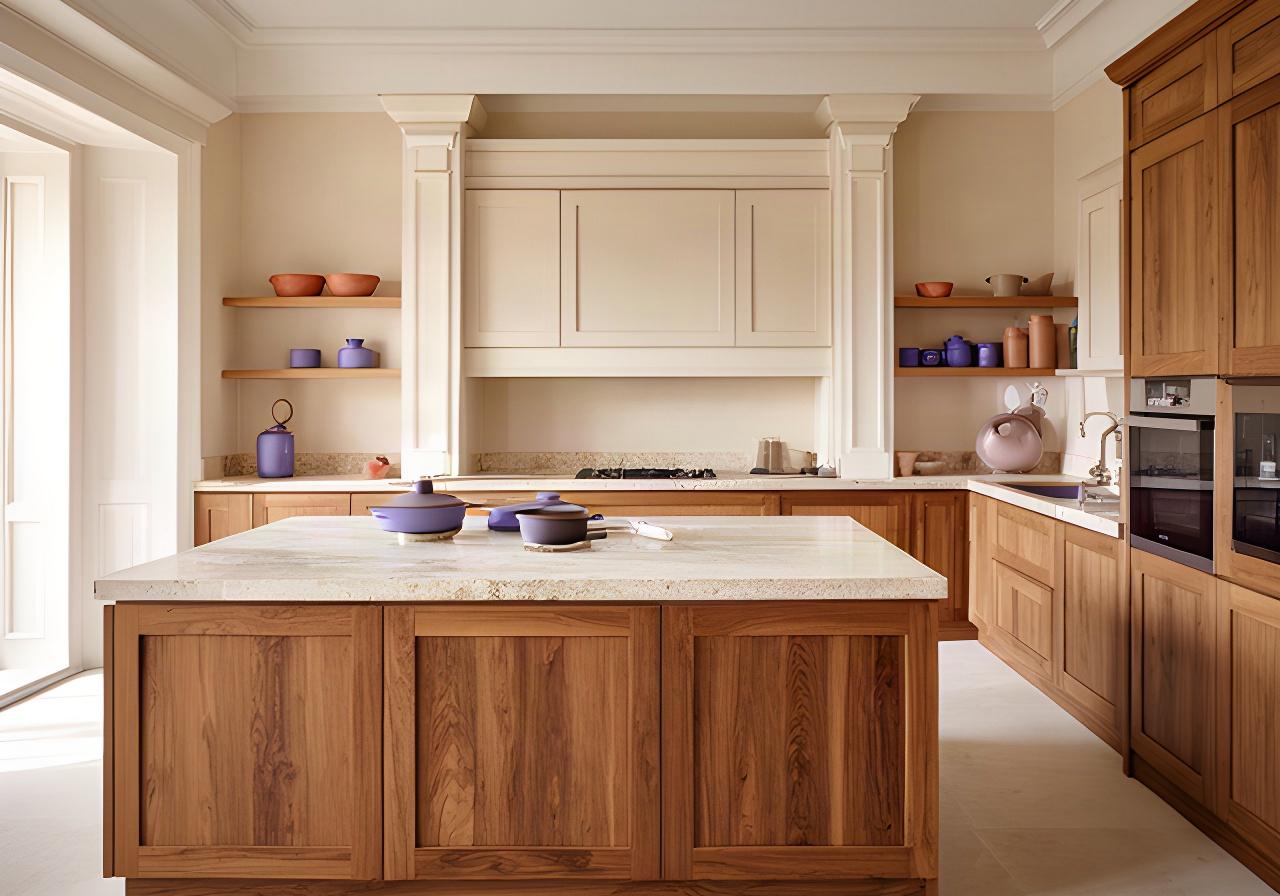 Cucina moderna pugliese con isola in legno massello, piano in gres e luce naturale