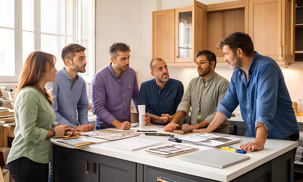 Team di progettazione riunito attorno a un piano cucina nel laboratorio di Ruvo