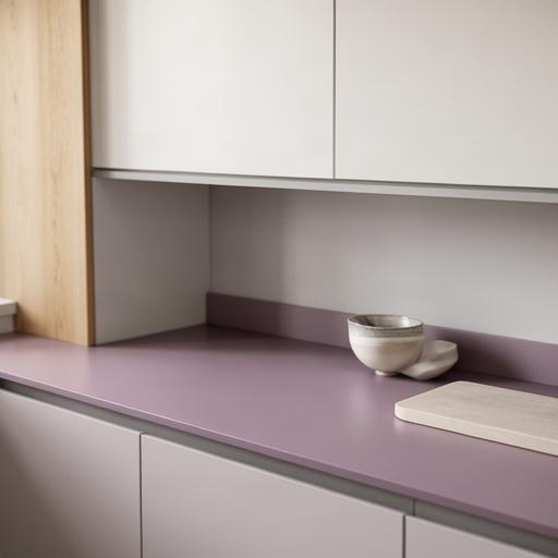 Piano di lavoro color lavanda accanto a pensili chiari in una cucina contemporanea