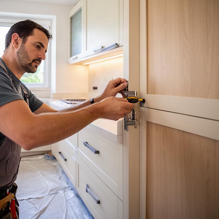 Responsabile installazione che regola le ante di una cucina appena montata
