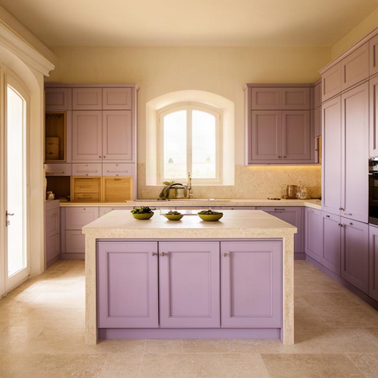 Cucina su misura in una villa pugliese, con isola in pietra chiara e ante color lavanda