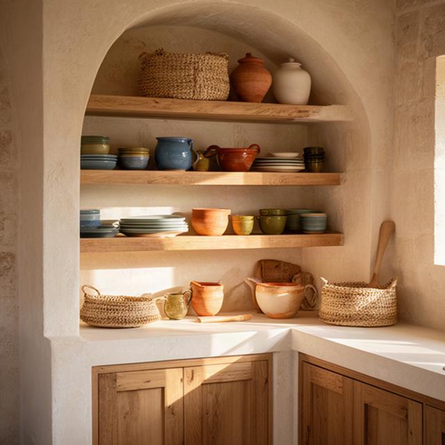 Cucina country in muratura con mensole aperte, ceramiche e dettagli naturali